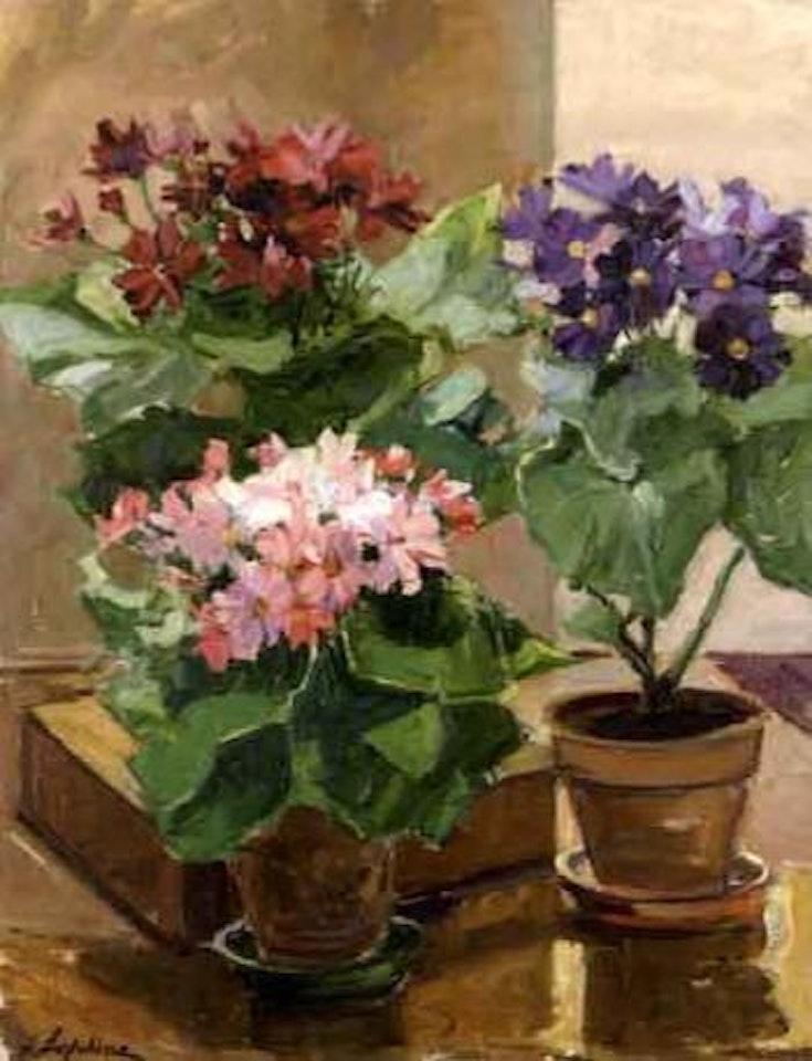 Nature morte aux pots de fleurs dans un interieur by Georgij Aleksandrovic Lapschin