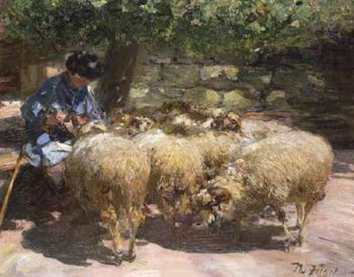 Sheep around shepherd by Heinrich von Zugel