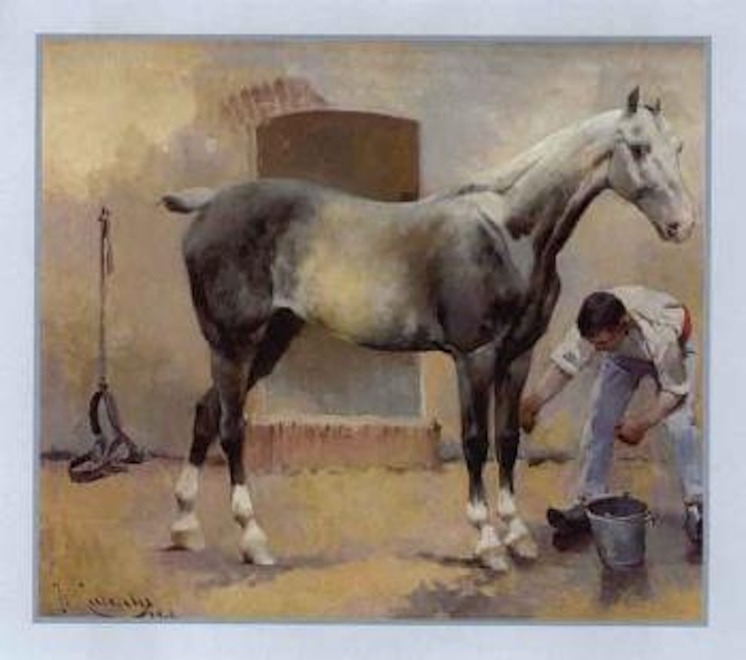 Groom washing horse by Jose Cusachs Y Cusachs
