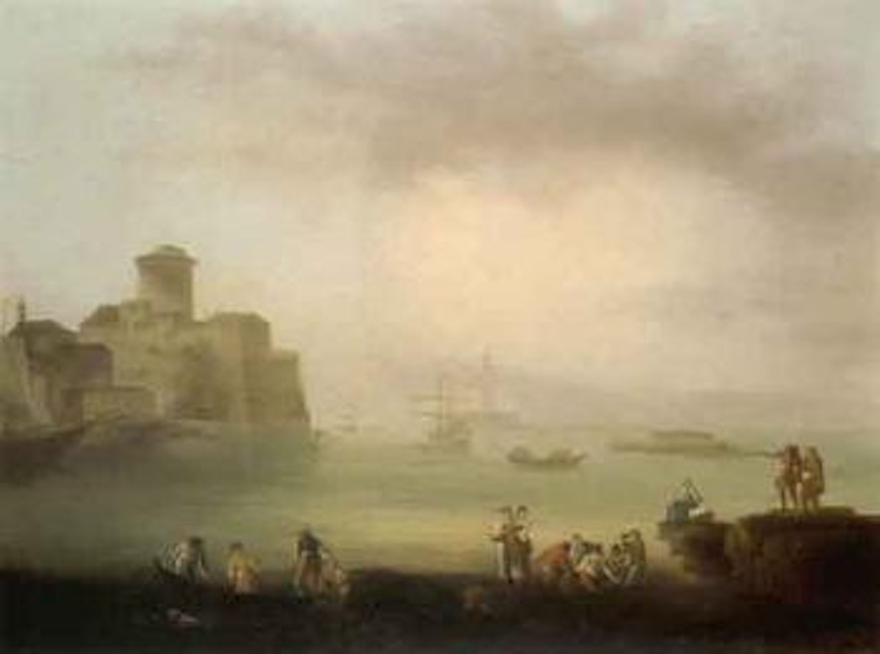 Southern coastal landscape with boats and figures by Claude Joseph Vernet