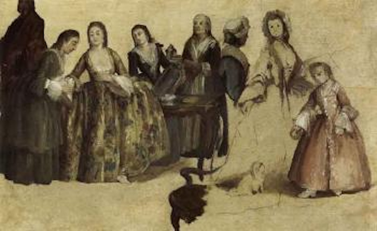 A lady adjusting her dress, the dressmaker, the dancing lesson by Pietro Longhi