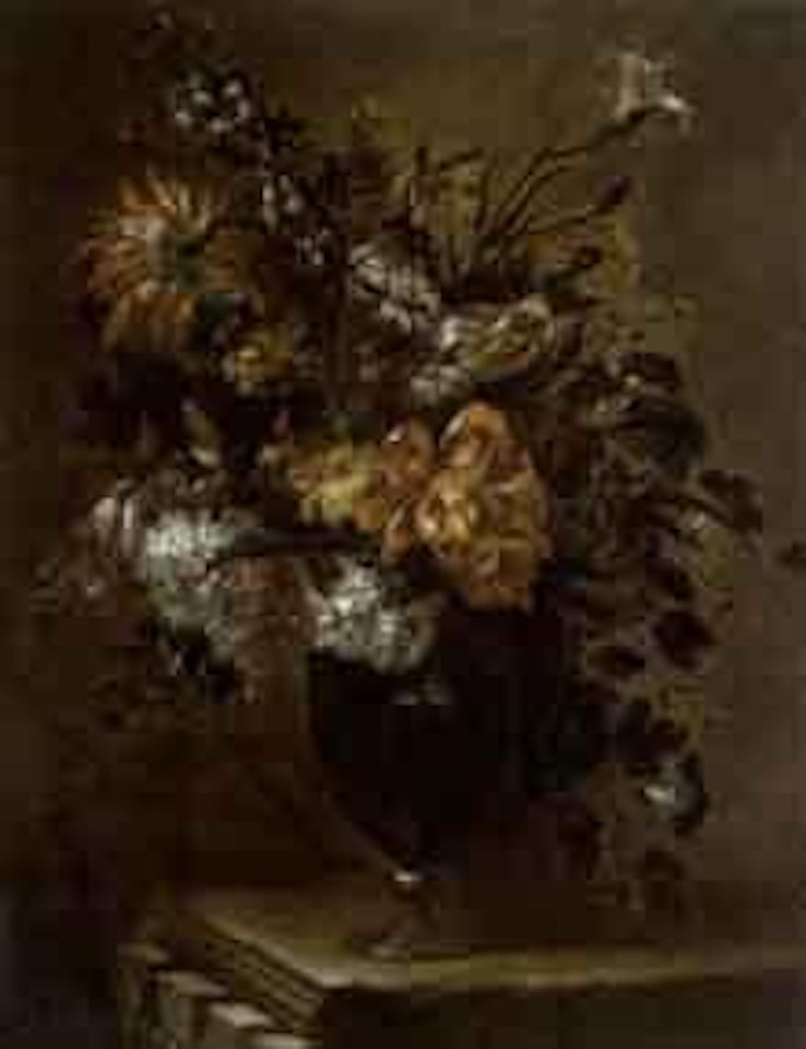 A bouquet of flowers with snowballs, carnations, peonies in a glass vase by Jean Baptiste Monnoyer