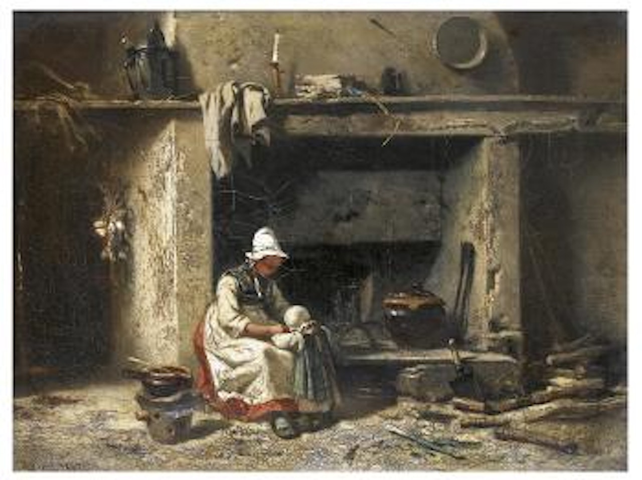 Mother and Child by a fireplace by Charles Hoguet