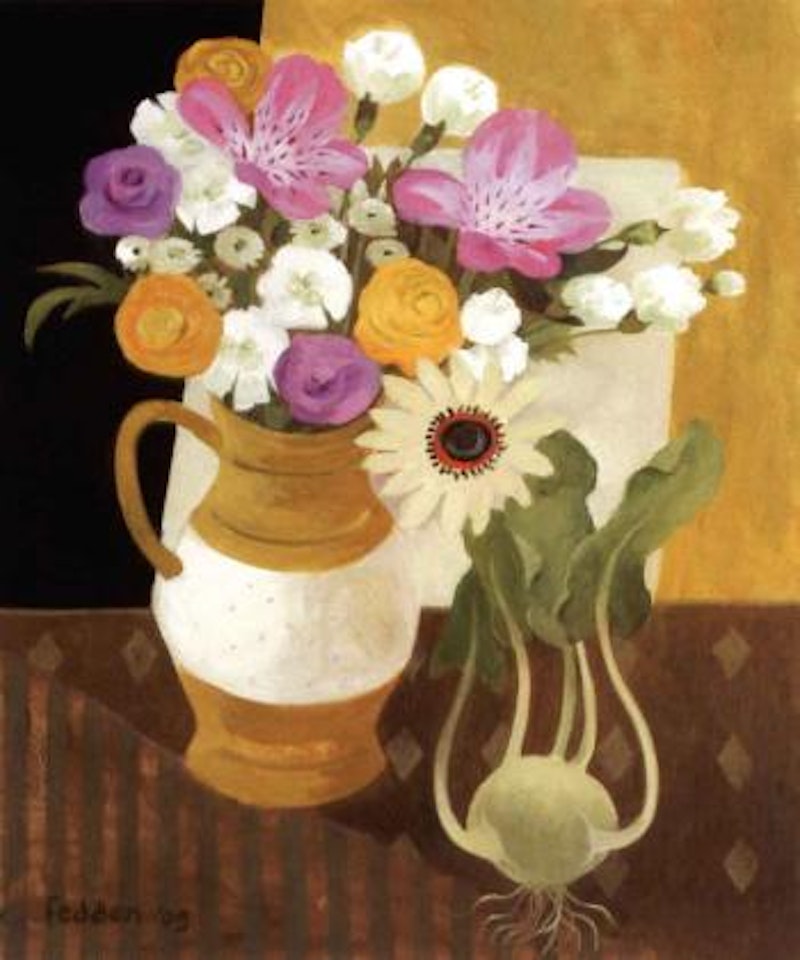 Still life with pink and yellow flowers by Mary Fedden