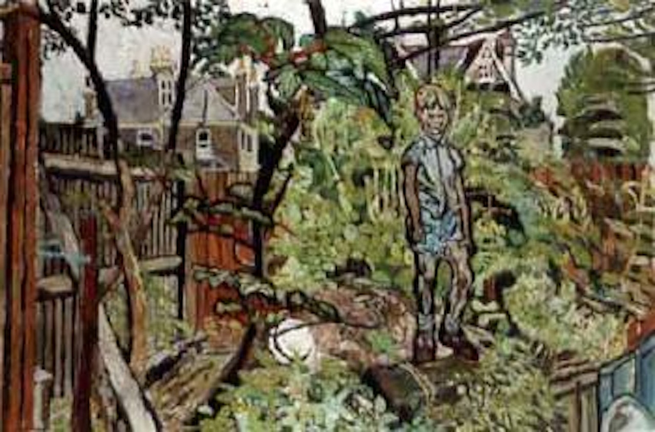 David in blue clothes standing on a pile in the garden by John Bratby