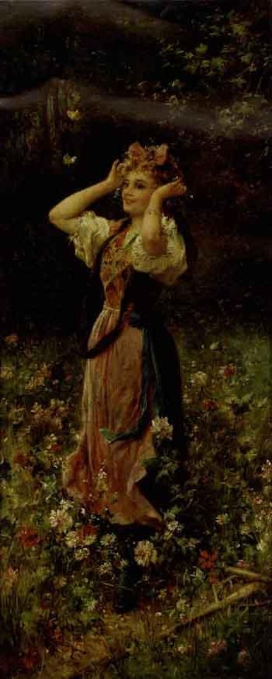 Young woman in a meadow of flowers by Hans Zatzka
