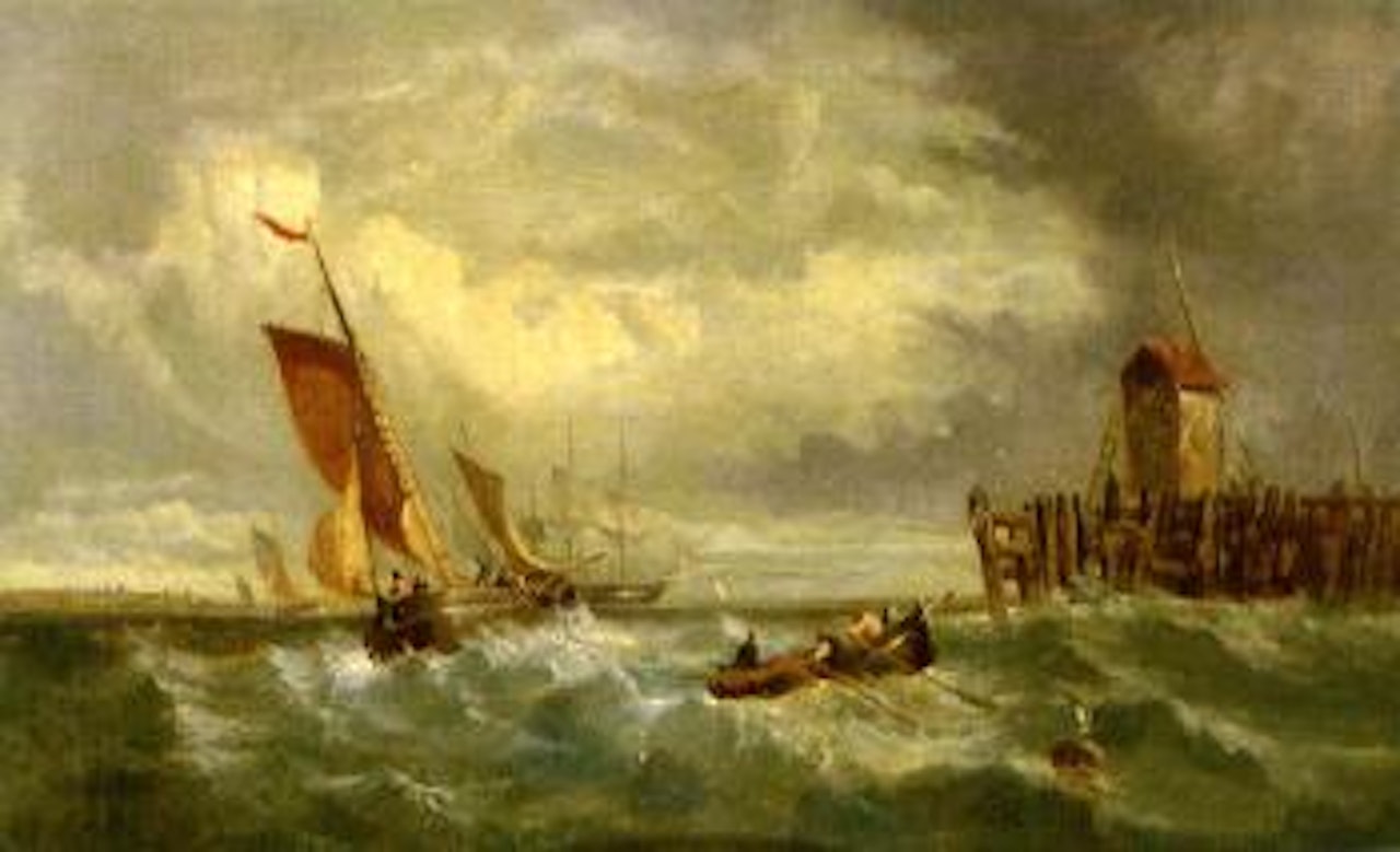 Dutch fishing boats off a jetty with a windmill in the distance by James Webb