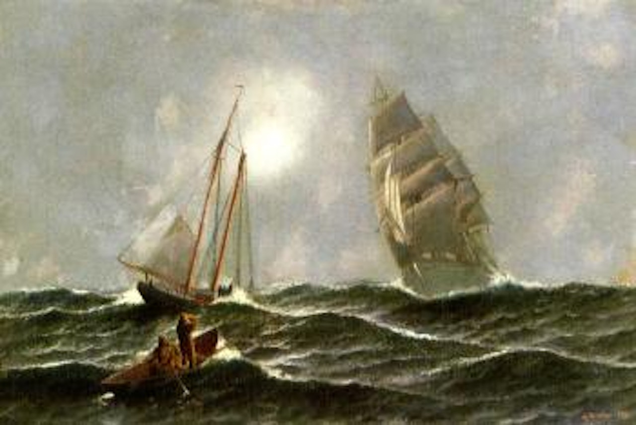 Two masted clipper ship and Gloucester fishing boat off the Grand Banks by Antonio Jacobsen