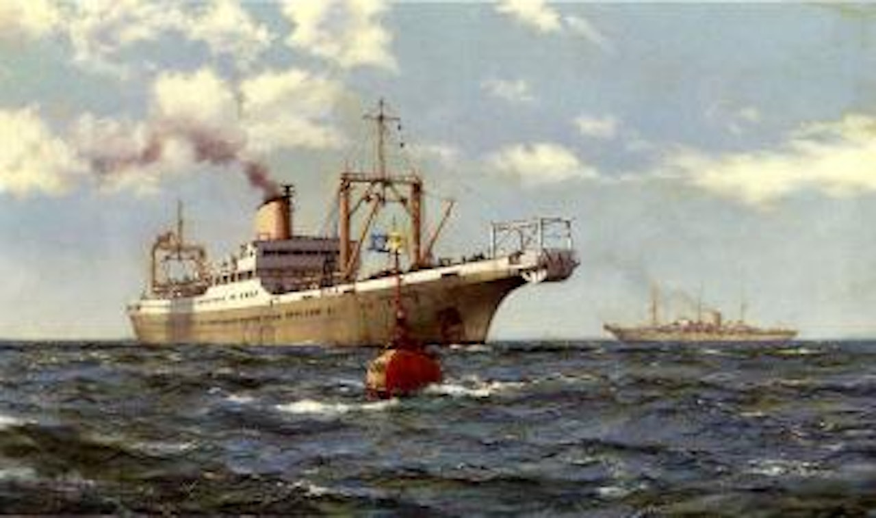Cableship Ocean Layer appraoching CompositionS Monarch's buoys by Montague Dawson