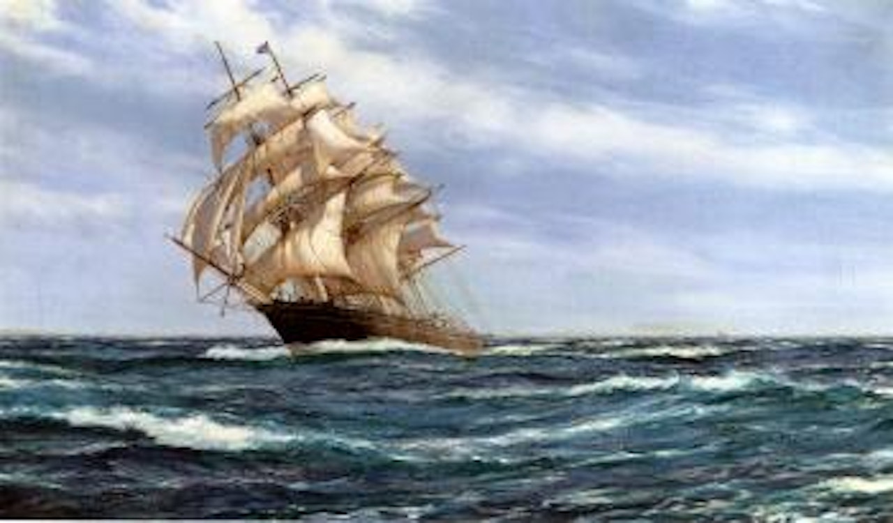 Cutty Sark riding the ocean swell by Montague Dawson