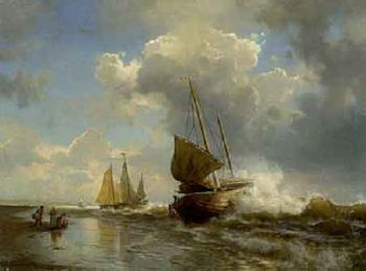 Sailing boats on beach by August Wilhelm Leu