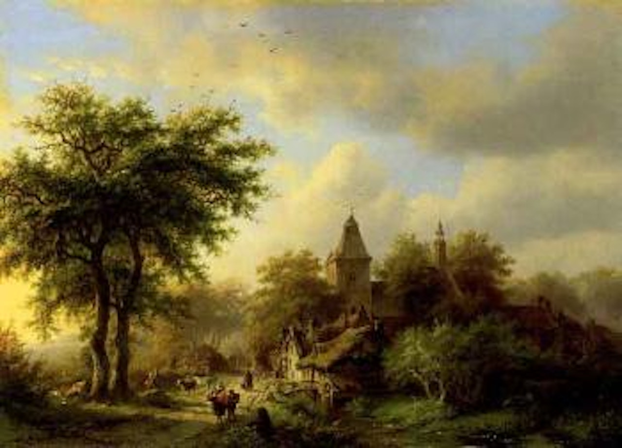 Sunny village street with church by Barend Cornelis Koekkoek