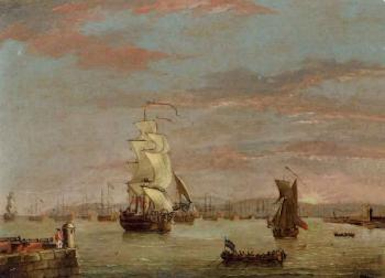 Man-o-war heading into Portsmouth, with fleet at anchor by Francis Swaine