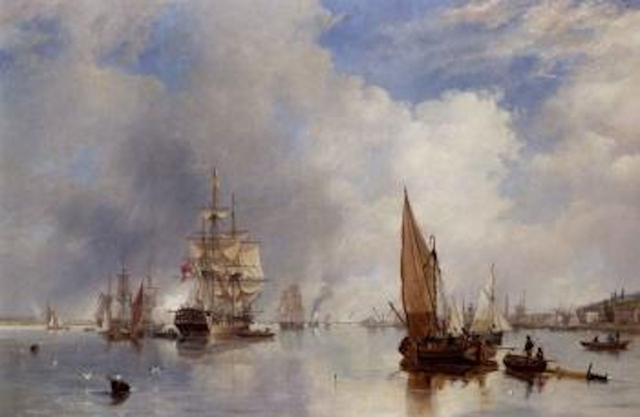 On the Thames at Woolwich, with Buckinghamshire, Indiaman going down the river by John Wilson Carmichael