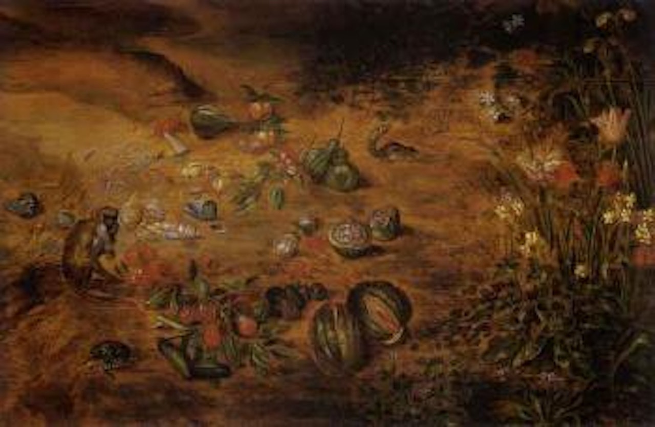 Coastal landscape with monkey and fruit by Jan Brueghel the Younger
