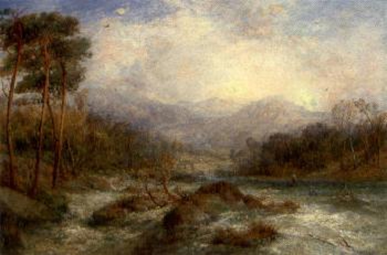 An angler on a river in full spate by James Webb
