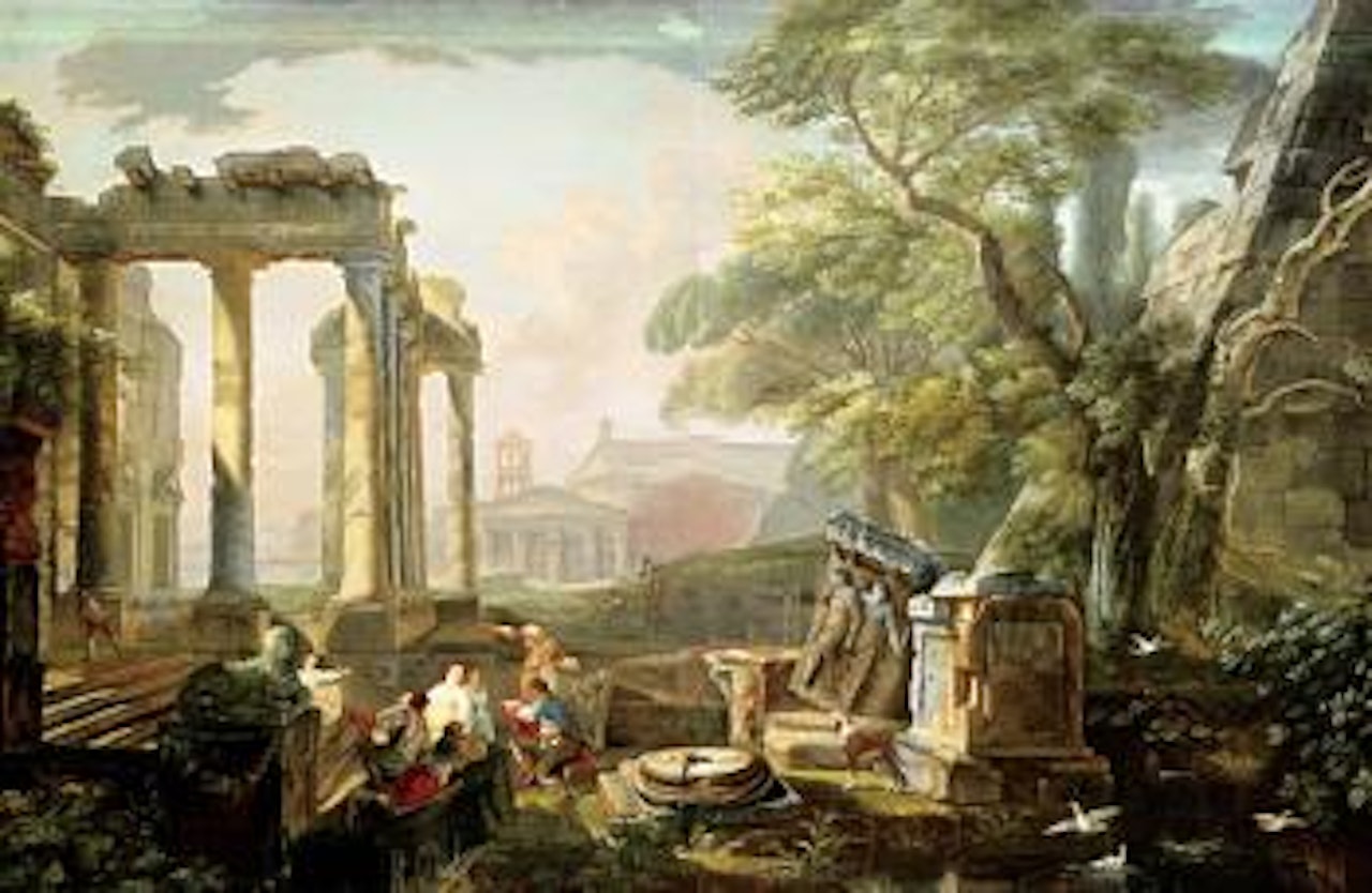 Figures amongst classical ruins by Hubert Robert