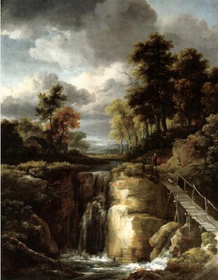 Wooded river landscape with waterfall and figures by Jacob Salomonsz. van Ruysdael