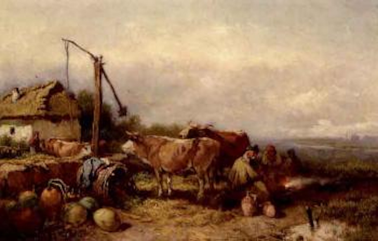 Peasants warming themselves by a campfire by Russian School