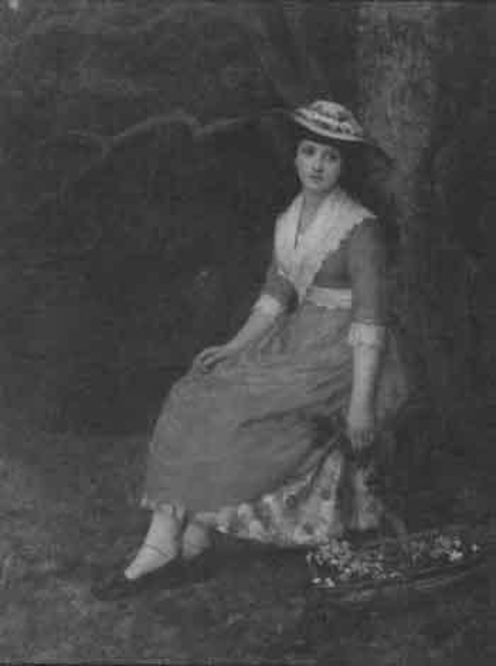 Portrait of a young girl sitting beside a tree, with a trug of flowers by Augustus Tulk