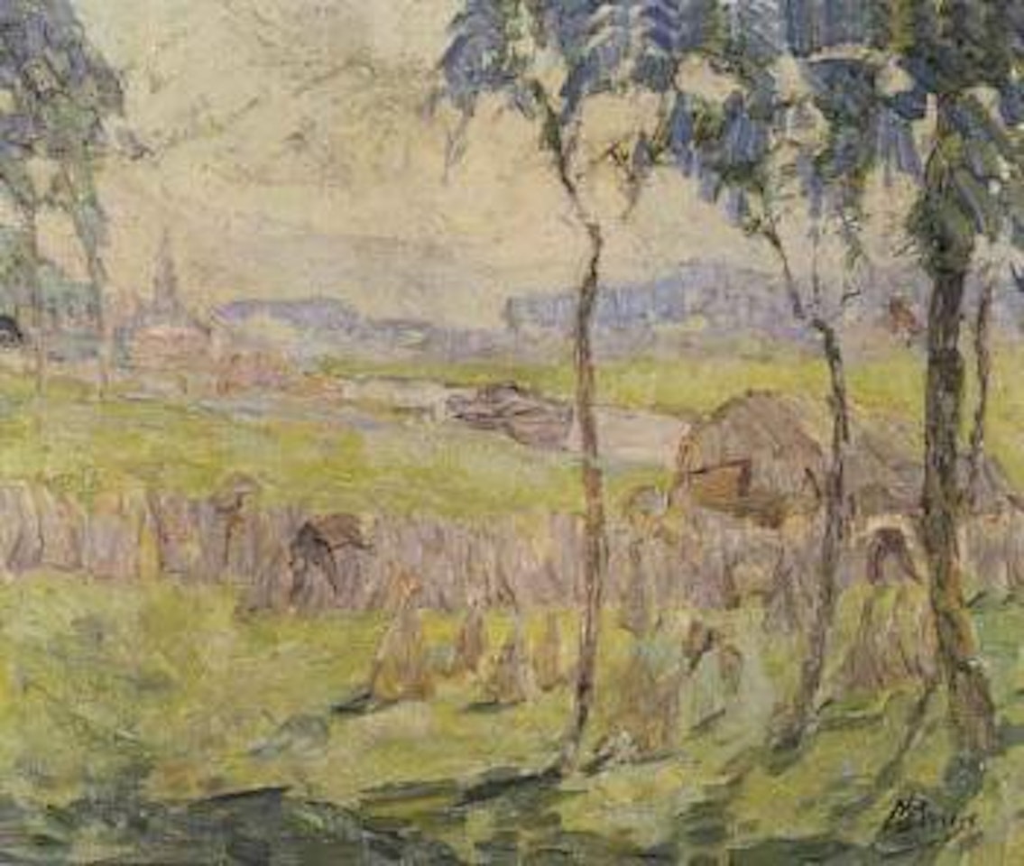 Flax workers along the river Leie by Modeste Huys