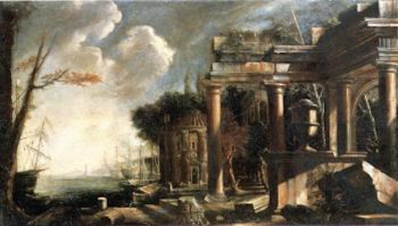 Mediterranean harbour with a capriccio of classical ruins by Neapolitan School