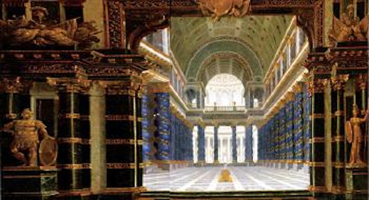 Temple interior with Solomonic columns and an altar by French School