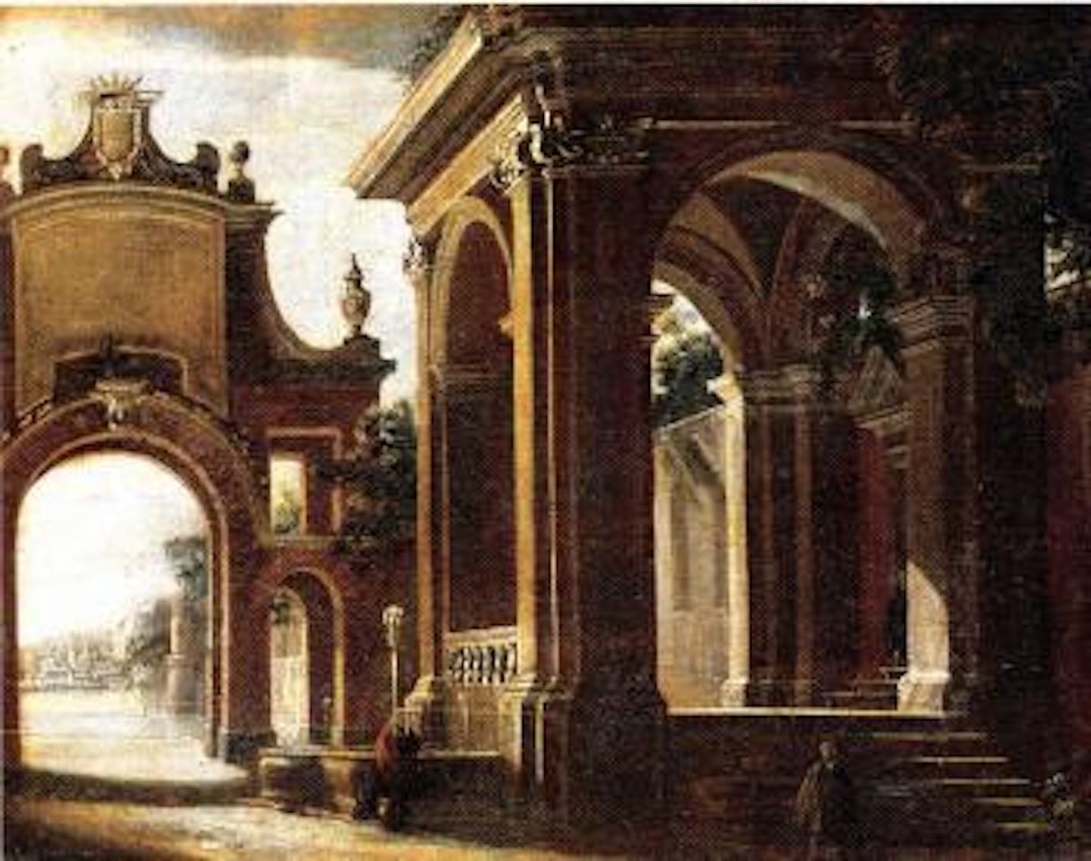 Architectural capriccio with figures by a fountain. Capriccio with figure by Viviano Codazzi
