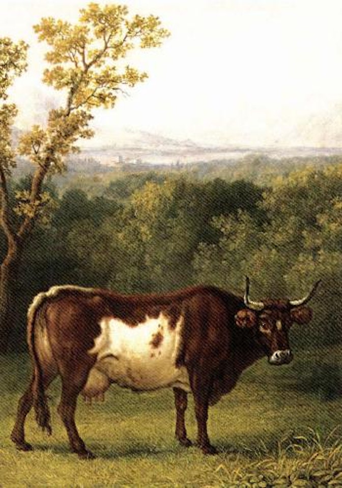 A cow out to pasture, an Alpine landscape beyond by Jacob Philipp Hackert