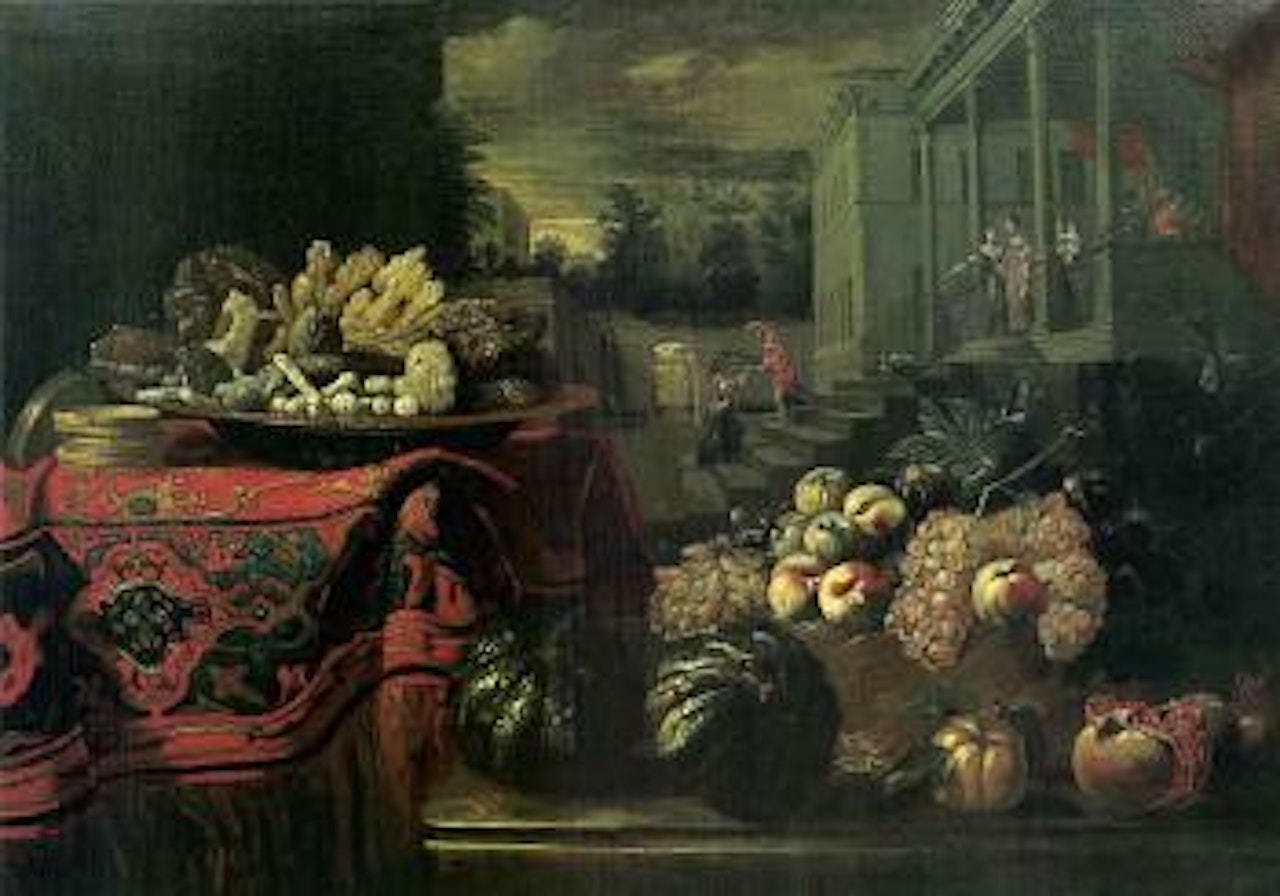Still life with red rug and palace by Pier Francesco Cittadini