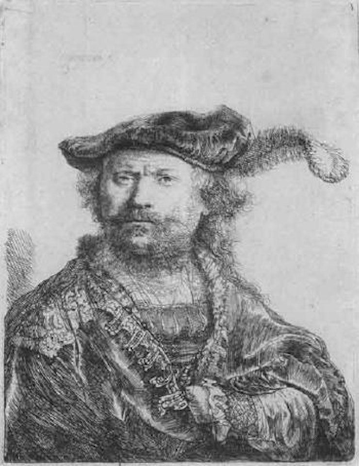 Self portrait in a velvet cap with plume by Attributed to Rembrandt Harmensz van Rijn