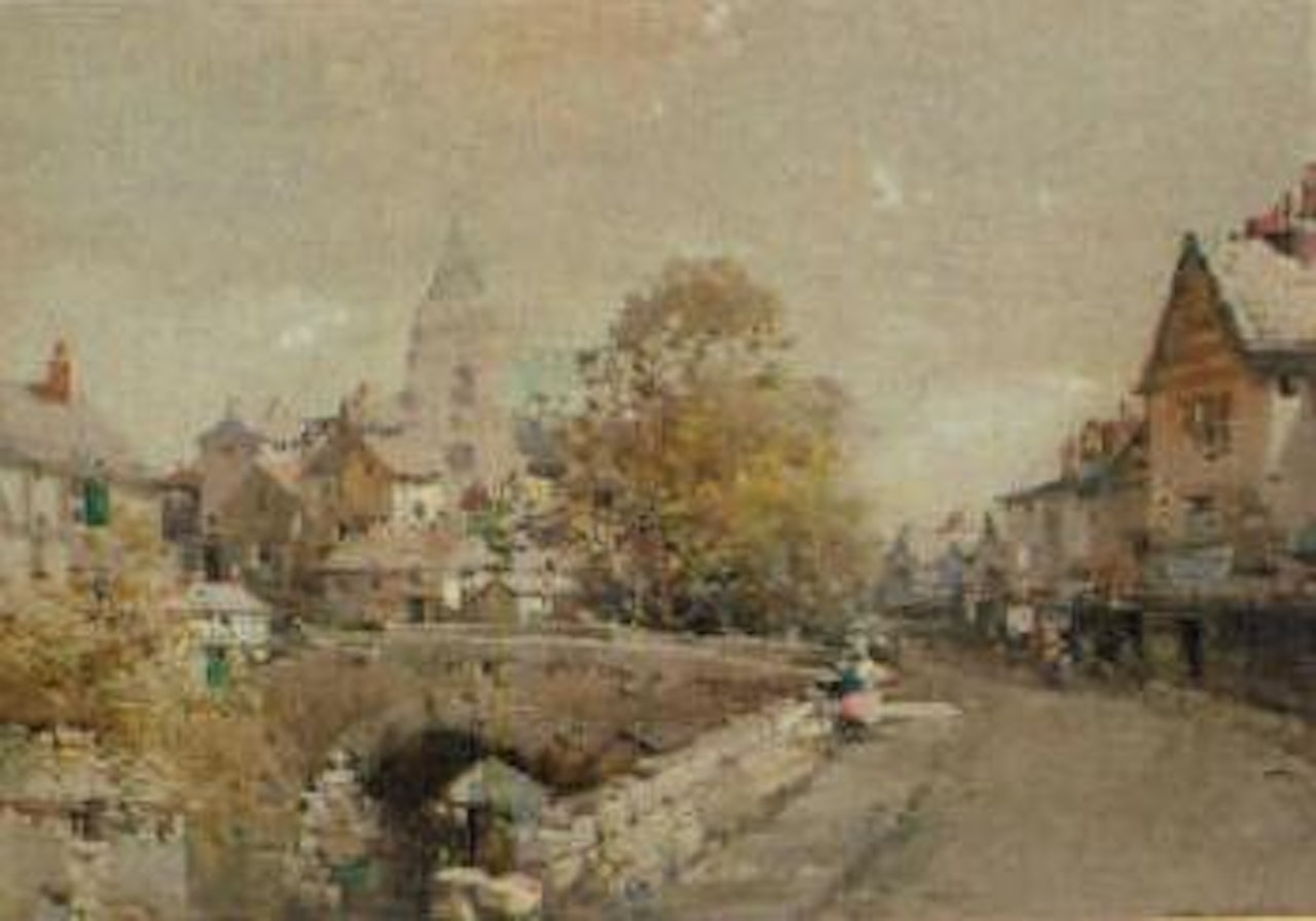 Flemish town scene with a bridge in the foreground by Noel Harry Leaver