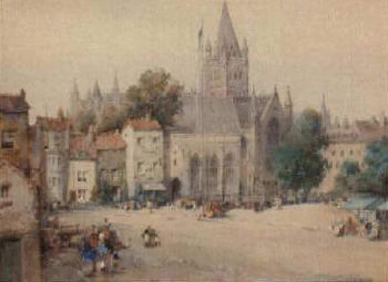 Cathedral within a Flemish town by Noel Harry Leaver