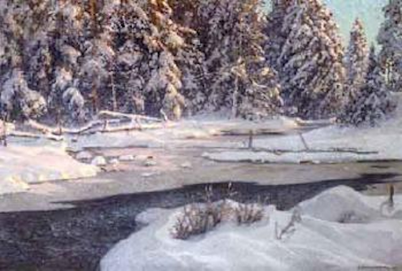 Winter evening by stream in the woods, Wika by Anshelm Schultzberg