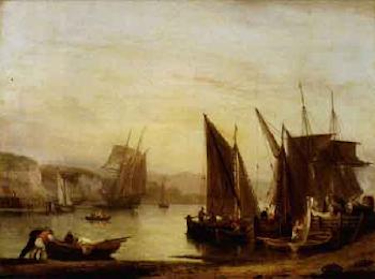 Figures in the harbour by Thomas Luny