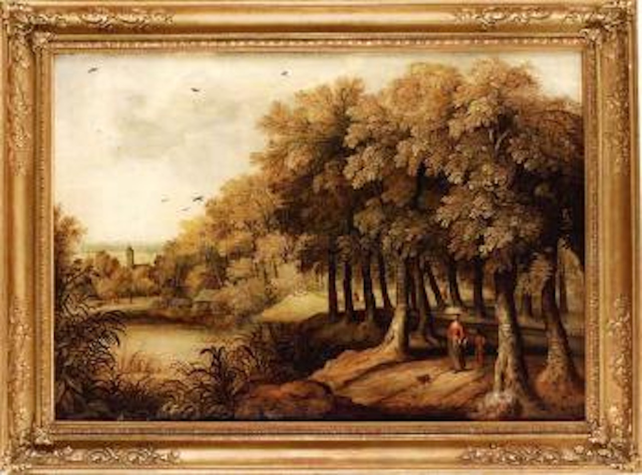 Park landscape with buildings and figures by Flemish School