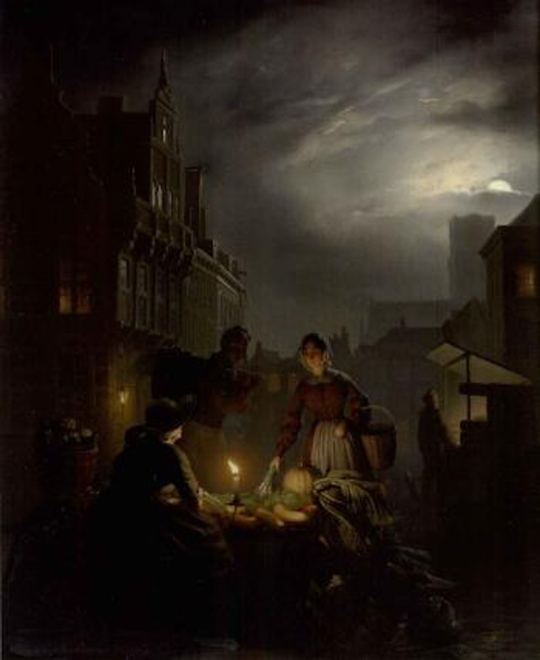 Market stall by candlelight by Petrus van Schendel