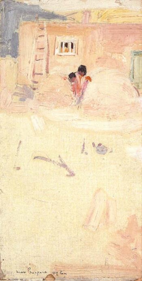 Children by an adobe house, Taos by Leon Gaspard