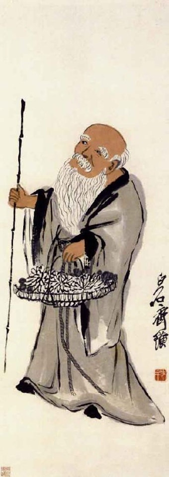 Old man carrying a basket of chrysanthmums by Qi Baishi