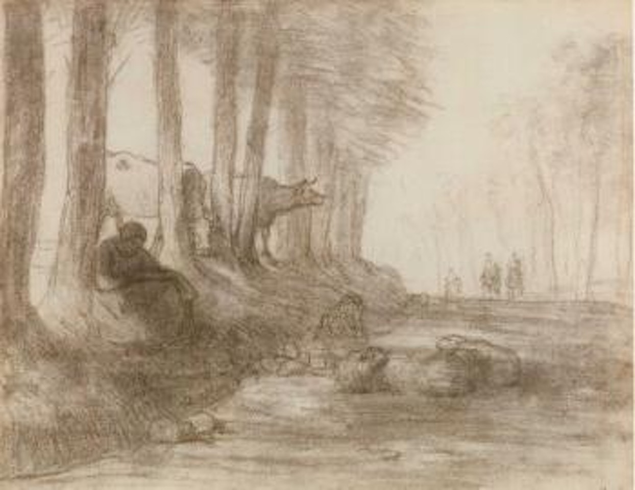 Jeune bergere avec son troupeau au bord de route by Jean-François Millet
