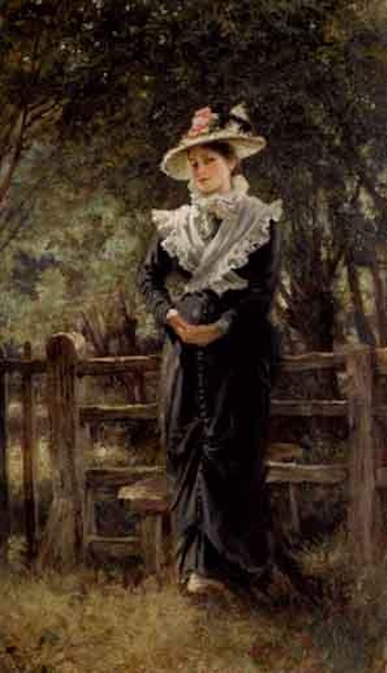 Portrait of Miss Collinson Shedley before a stile by Keeley Halswelle