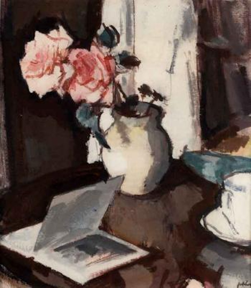 Pink roses and an open book by Samuel John Peploe