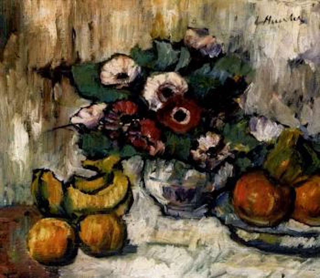 Still life of anemones and fruit by George Leslie Hunter