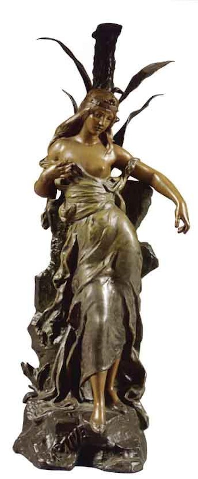 Captive, semi naked woman leaning against a tree by European School