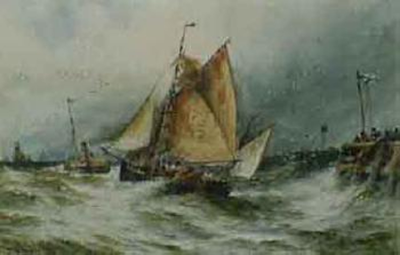 Wind against tide, fishing boat leaving harbour by Thomas Bush Hardy