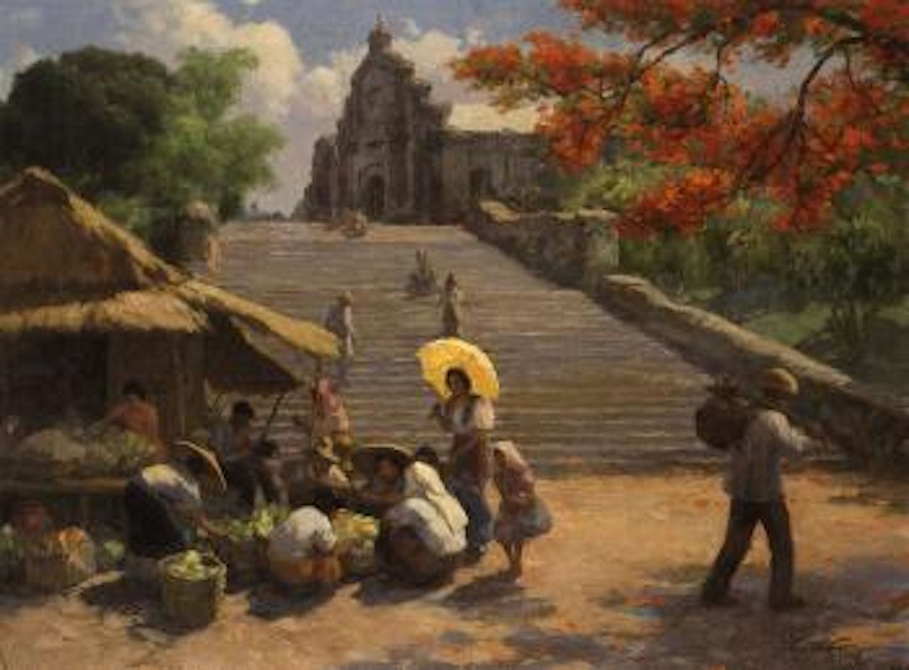 Street scene with yellow umbrella by Fernando Amorsolo