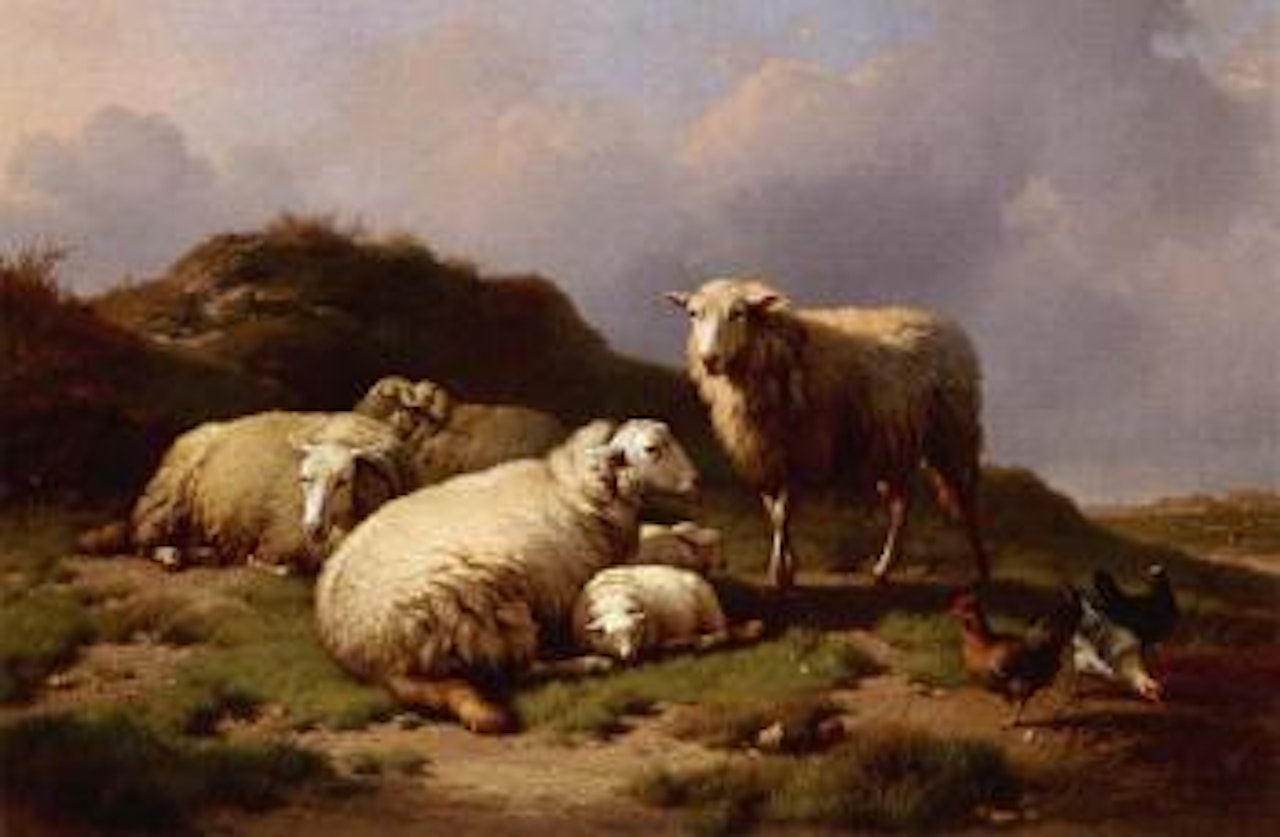 Sheep and chickens in a landscape by Eugène Joseph Verboeckhoven
