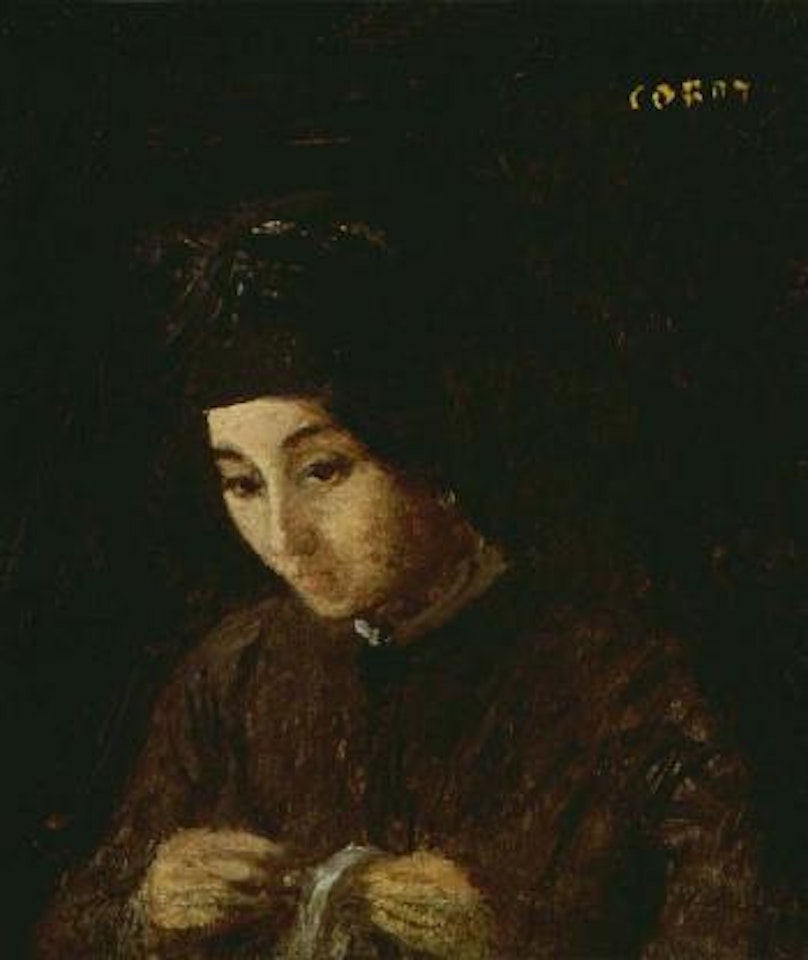 Jeune fille cousant by Jean Baptiste Camille Corot