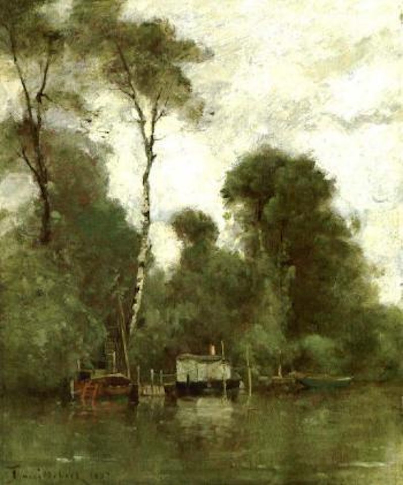 Boats at a river side by Paul Désiré Trouillebert