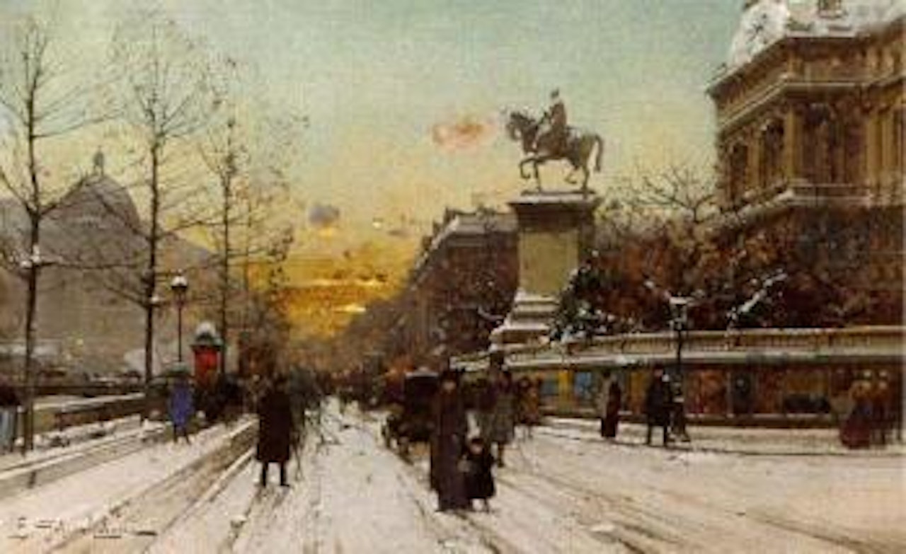 A sunset in the snow, les quais de l'Hotel de Ville by Eugene Galien-Laloue